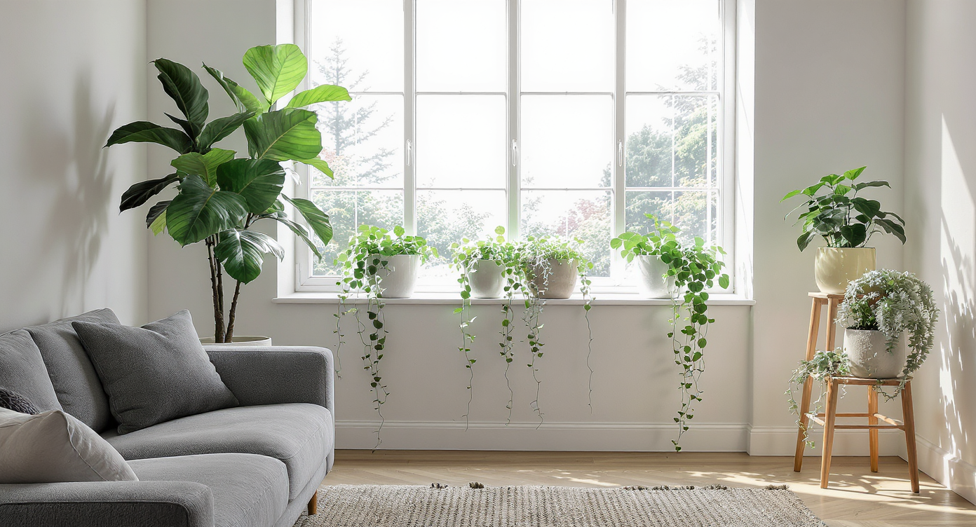 A modern living room with a tall fiddle-leaf fig in a ceramic pot, trailing plants on shelves and window sills, and a stand displaying leafy varieties.