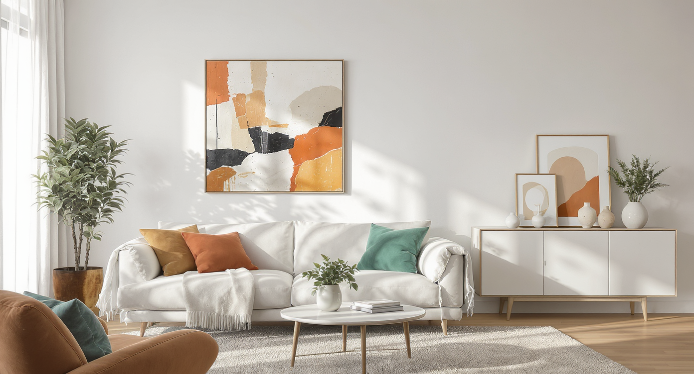 Bright living room featuring a large local artwork above the sofa, smaller frames on a credenza, and inviting, personalized decor details.