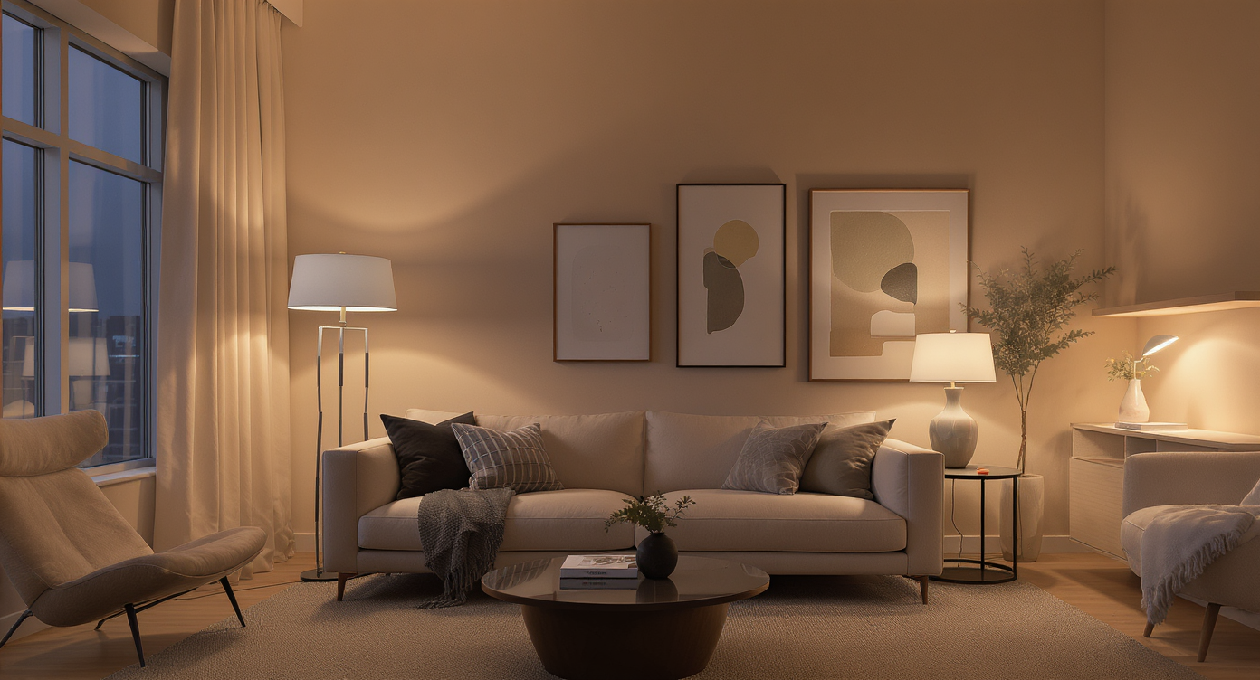 A modern living room with layered lighting: table lamp, floor lamp, picture light, and cordless lamp, all emitting warm, soft glows at varied heights.