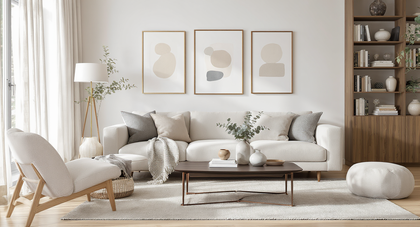 A serene, modern living room with neutral decor, layered textiles, elegant lighting, framed art, fresh greenery, and tidy shelves in natural daylight.