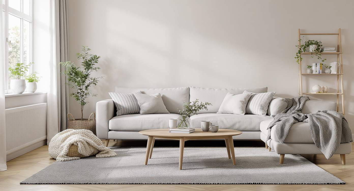 A bright, minimally styled living room with neutral sofas, a simple rug, bare walls, and natural light, evoking a welcoming yet unfinished atmosphere.