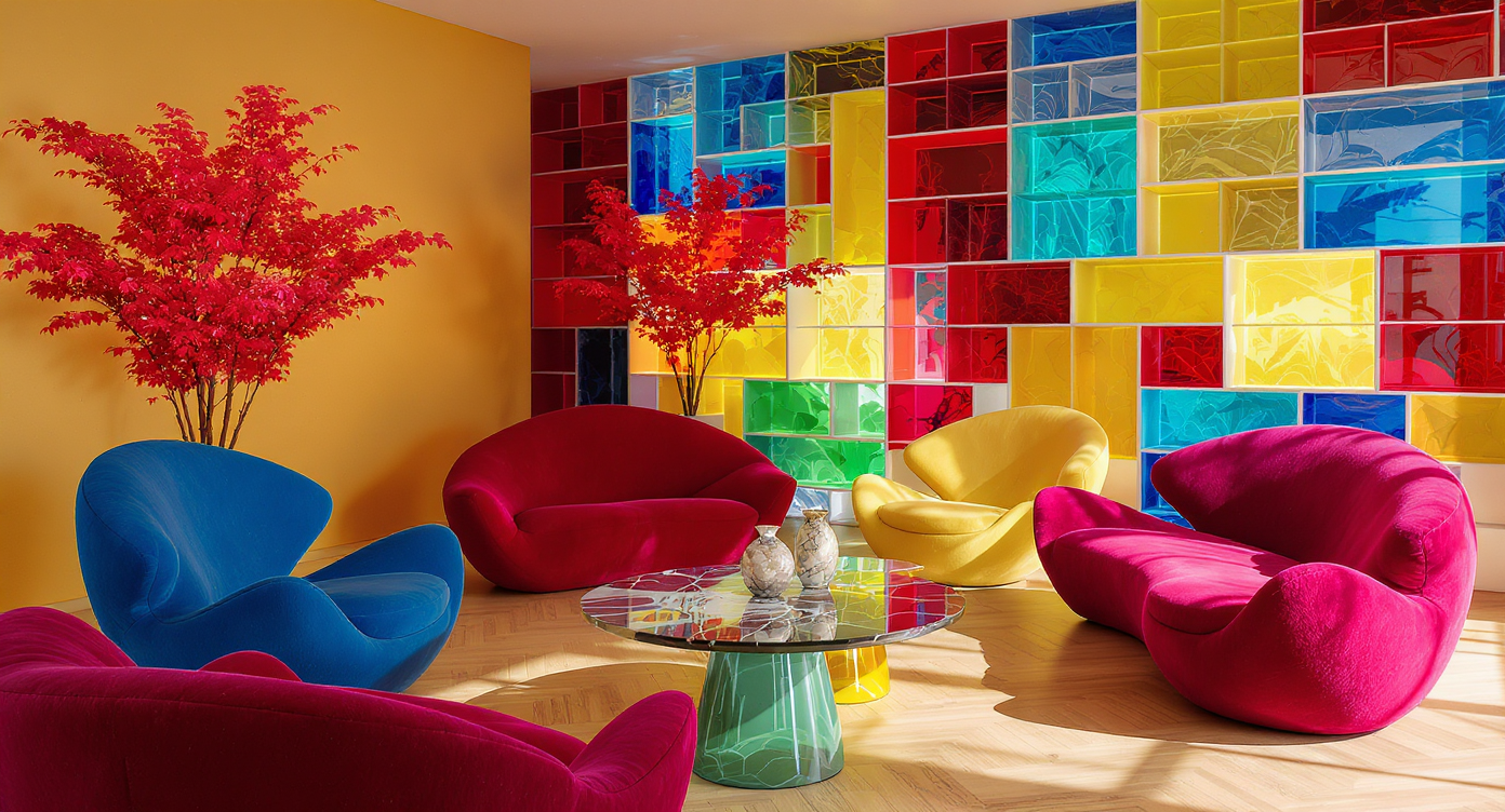 A photorealistic lounge filled with boldly colored, handcrafted resin chairs and whimsical upholstered sofas in organic shapes, no people present.