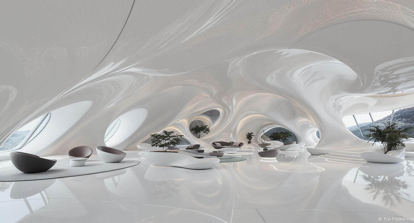 A spacious, curvilinear interior with seamless white walls, ceiling, and furniture merging together in sculptural, fluid forms and reflective surfaces.