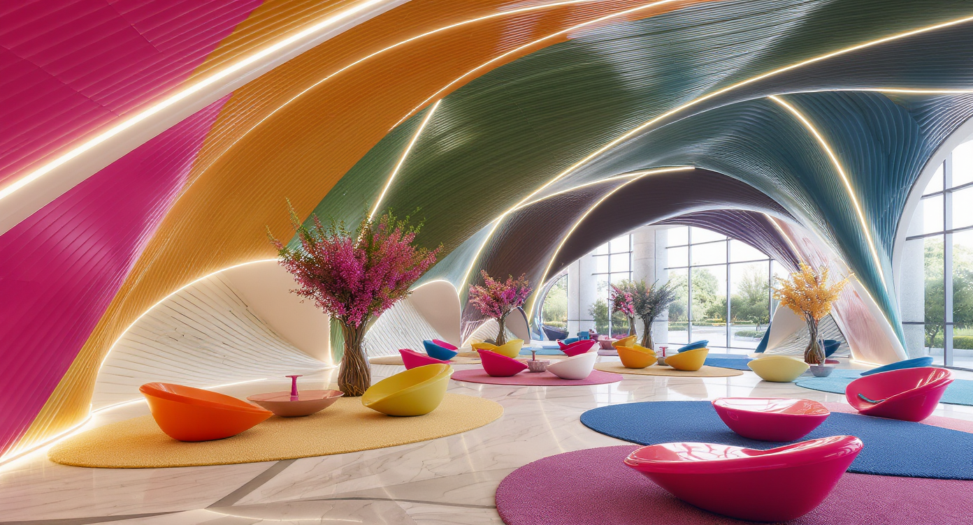 Vivid modern hotel lobby with curved technicolor plastic walls, glowing LED details, and fluid furniture inspired by Karim Rashid’s Semiramis Hotel.
