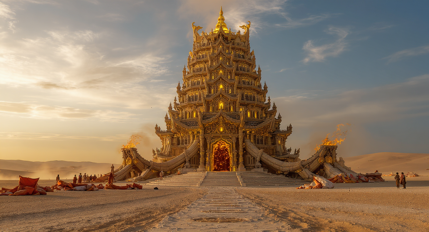 Photorealistic wooden temple and glowing pavilion at Burning Man, set in the Nevada desert at dusk, with no people present.