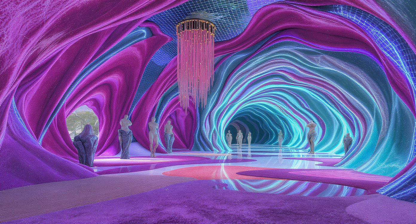 A photorealistic, immersive interior inspired by Meow Wolf: vibrant undulating walls, bold tunnel structures, glowing lights, surreal decor, and interactive objects.