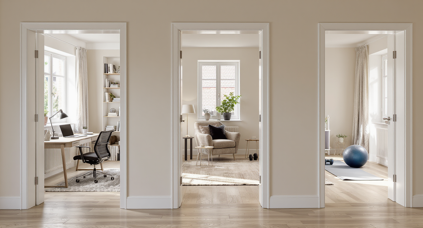 Three connected rooms in a modern home, each clearly dedicated to a unique function: office, reading nook, and small home gym, all naturally lit.