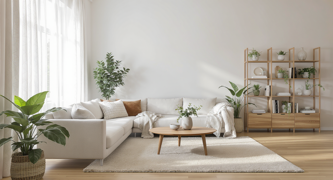 Living room with neutral furniture, green potted plants, textured rugs, curtains, and throws, showing how plants and textiles add warmth.