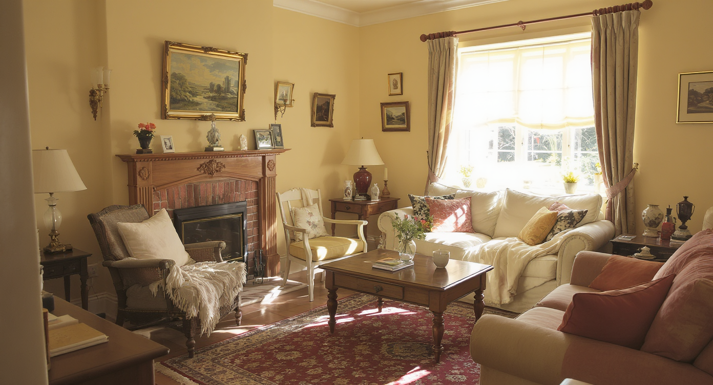 A naturally lit living room shows a mix of old and new furniture, thrifted accents, and open spaces, illustrating gradual layering of decor.