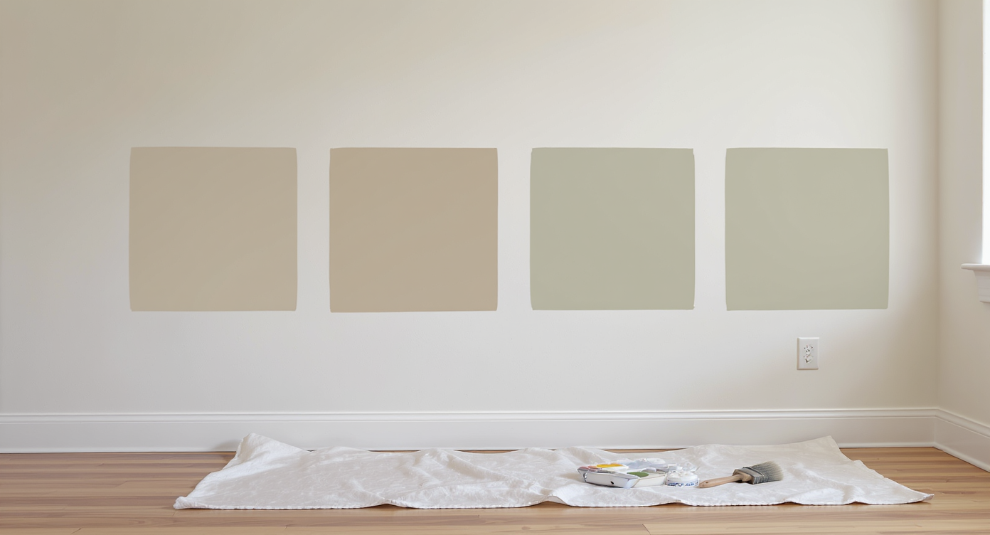 Four large paint sample patches in different shades are painted on a neutral living room wall, with sample pots and a brush on a drop cloth below.