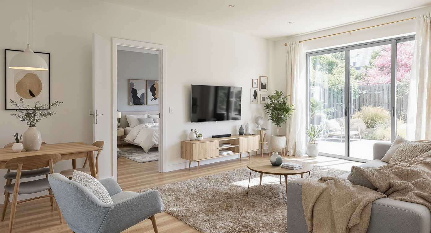 Photo-realistic view of a sunlit, stylish three-bedroom home interior showing lived-in living spaces, cozy details, and practical personalization.