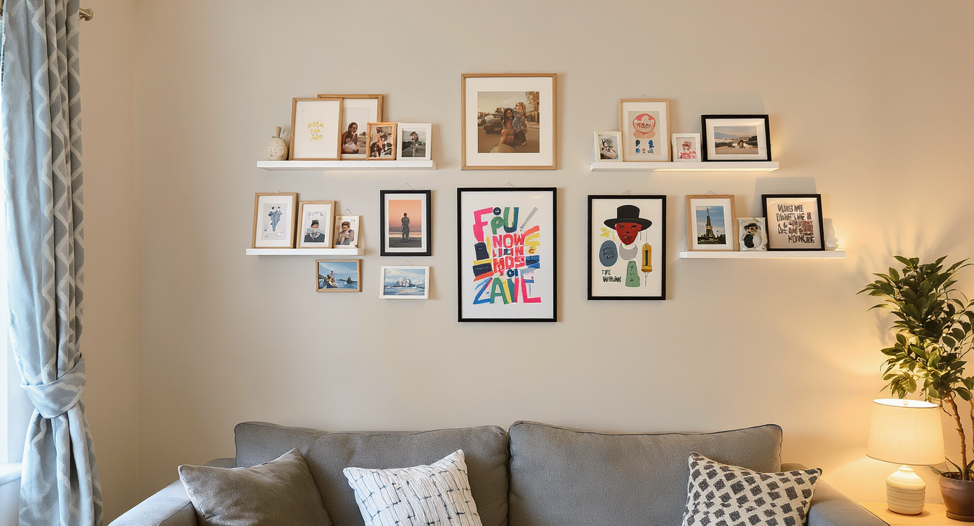 A photorealistic living room corner with a gallery wall of art and photos on picture shelves, unique lamps, and DIY decor pieces, all without people.