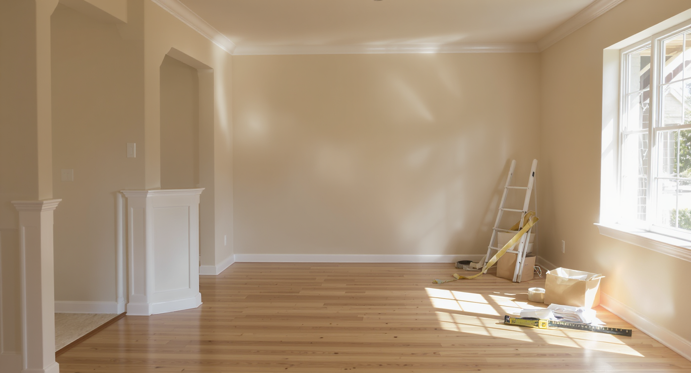 Photo of an empty, beige-painted three-bedroom house with moving box, color swatches, notepad, and tools near the living room, brightly lit.