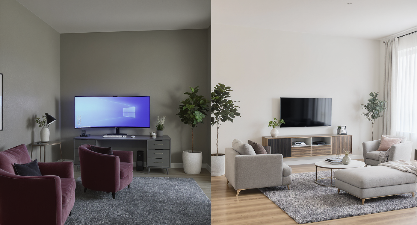 A tidy home workspace with a computer screen showing digital room layouts and color simulations, surrounded by paint swatches and design tools.