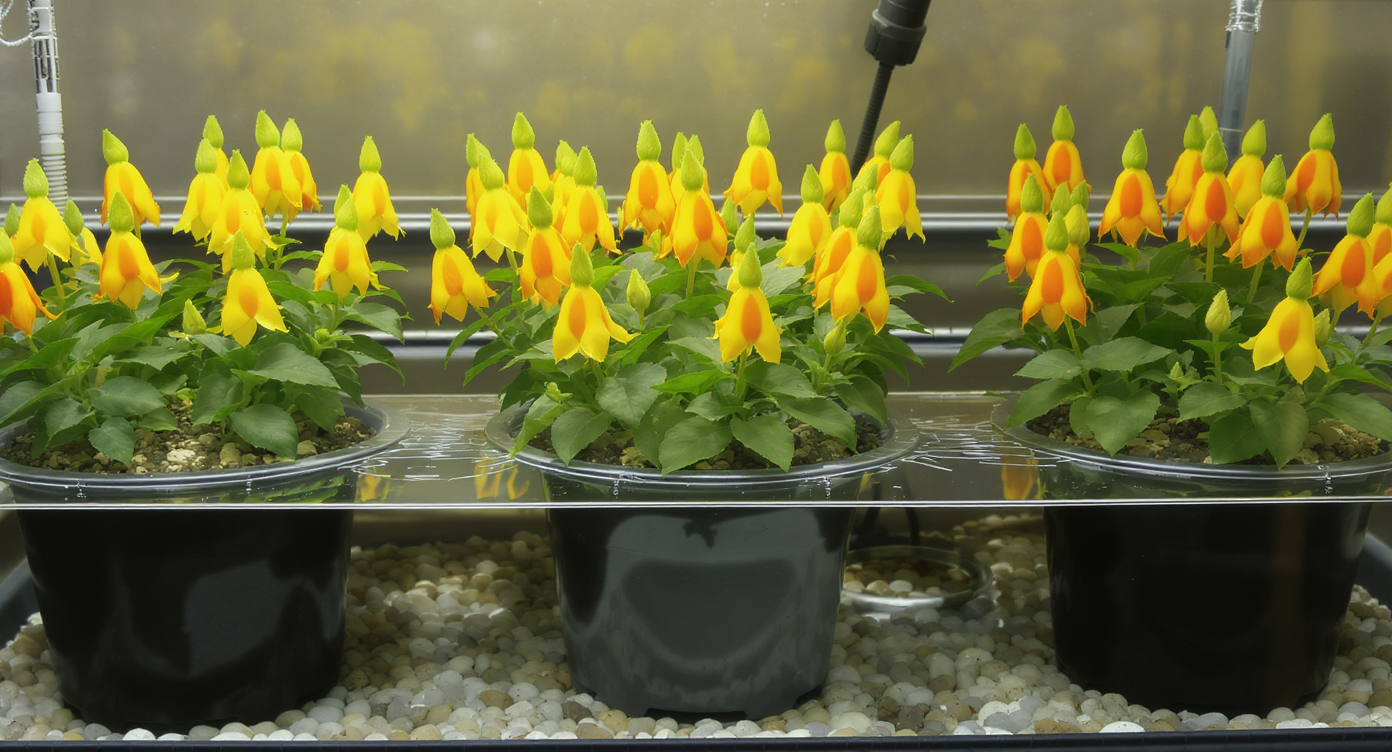 Group of calceolaria plants on pebble trays with water, surrounded by other houseplants, vibrant blooms and moist soil, no visible excess water.