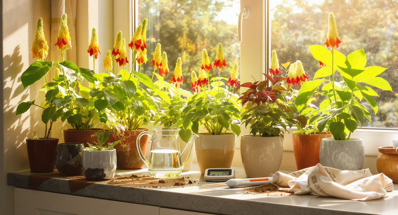 Brightly colored Calceolaria plants in nursery pots and planters sit on a sunlit windowsill with care tools, emphasizing their unique beauty and care needs.