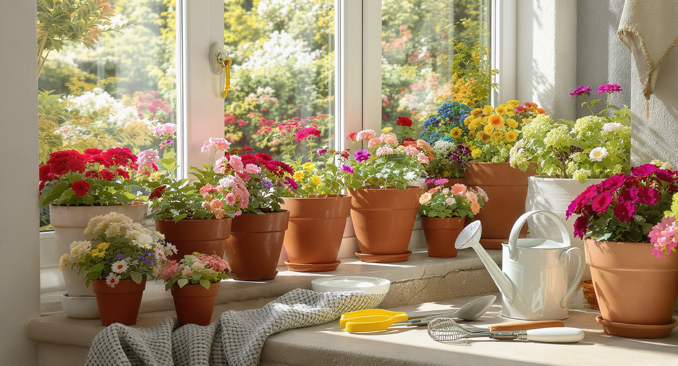 Photorealistic indoor windowsill and patio with colorful calceolaria plants in pots, realistic tools, and natural lighting, no people visible.