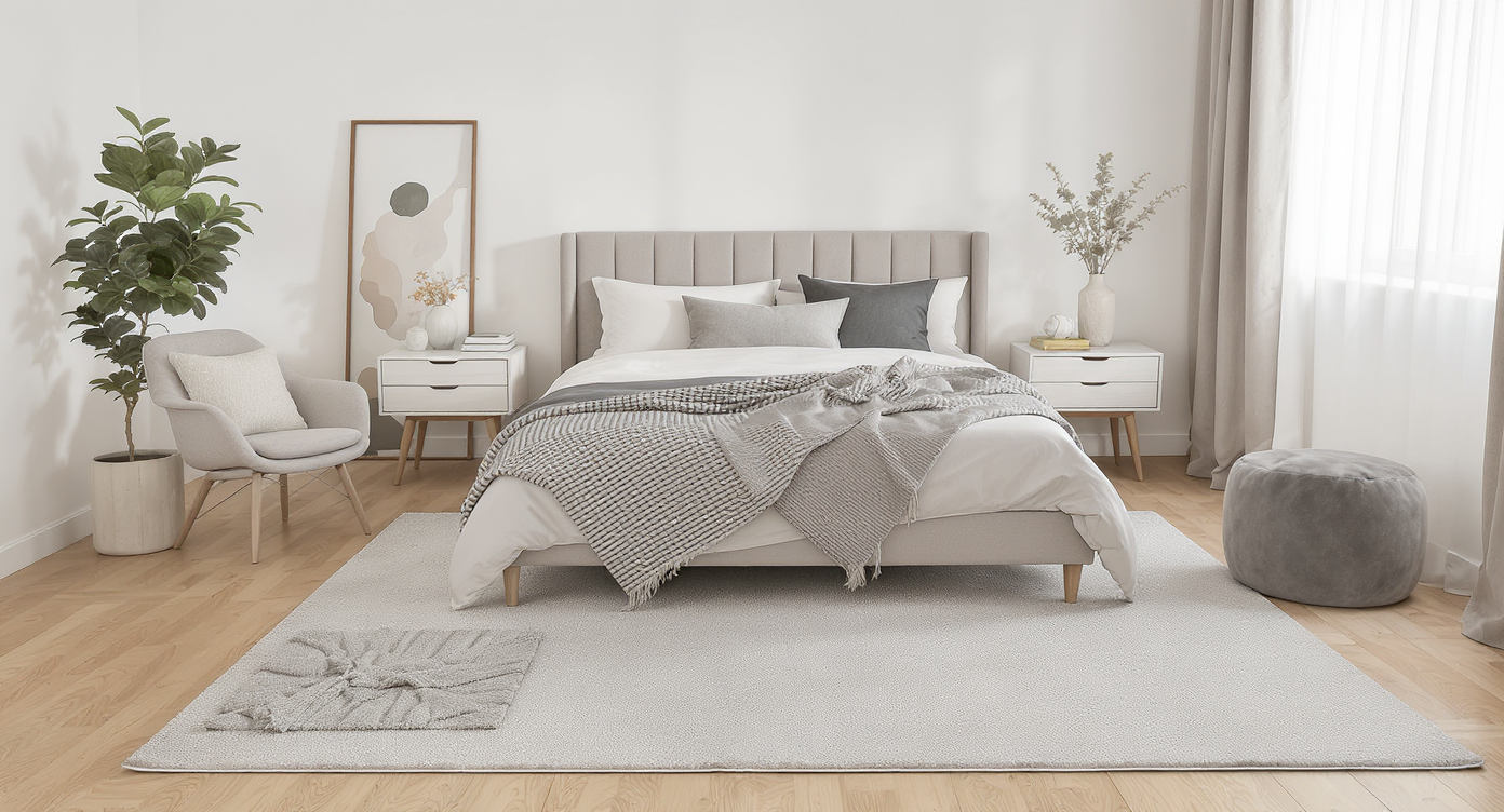 A large, neutral area rug anchors a minimalist bedroom with hardwood floors, soft pillows, and throws, defining zones for rest, work, and entry.