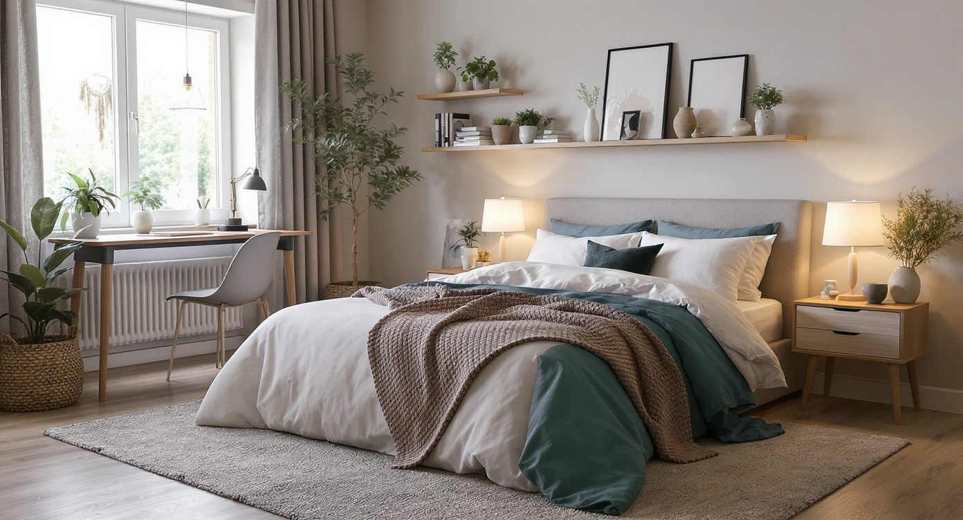 Photorealistic bedroom with a diagonal bed, desk for video calls, rugs zoning spaces, plants defining corners, and layered patterns.