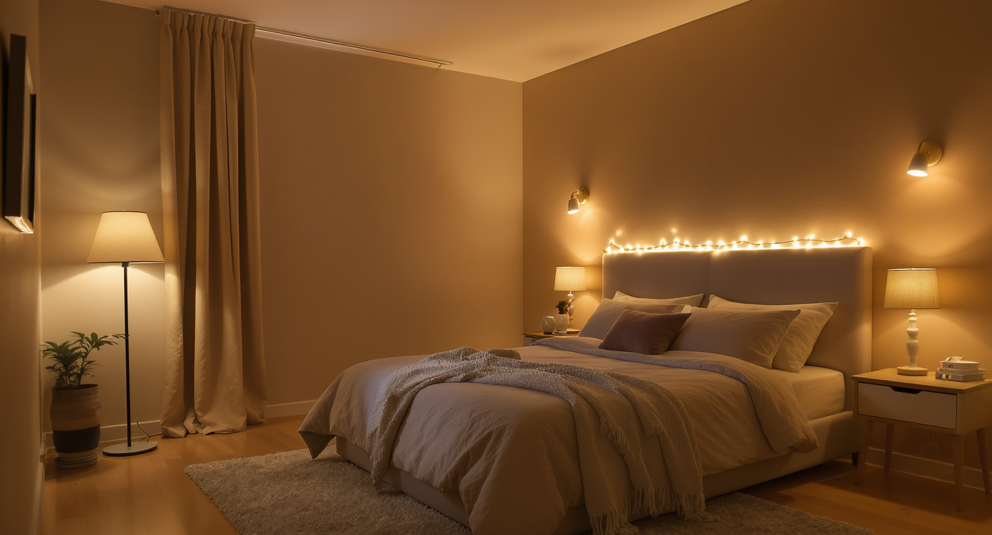 Layered lighting in a cozy bedroom: bedside table lamp, floor lamp, overhead light, and decorative lighting create a warm, inviting atmosphere.