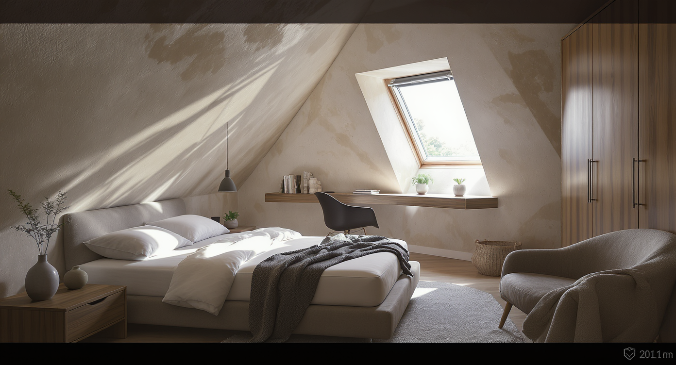 A photorealistic bedroom with an irregular shape, angled walls, off-center window, built-in alcove workspace, modern decor, and natural daylight.
