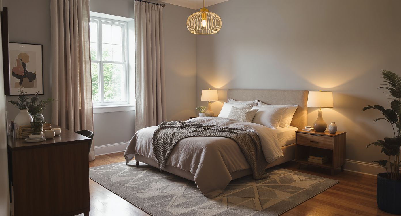 Photorealistic bedroom with bed under wide linen drapes, angled desk with plants, layered lighting, patterned rug, and gallery wall.