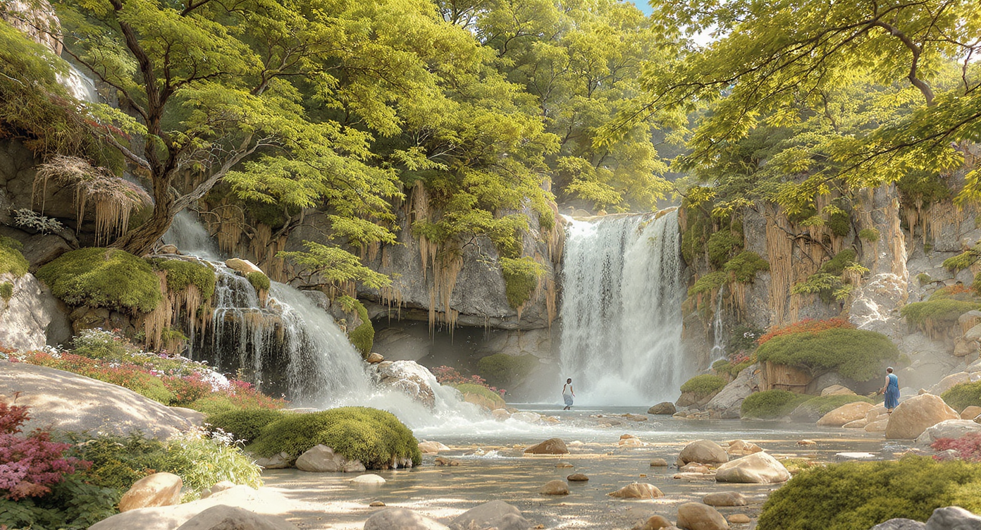 Realistic bedroom with a corner window, wide patterned curtains, centered bed, desk nook, area rug, and softened window AC unit.