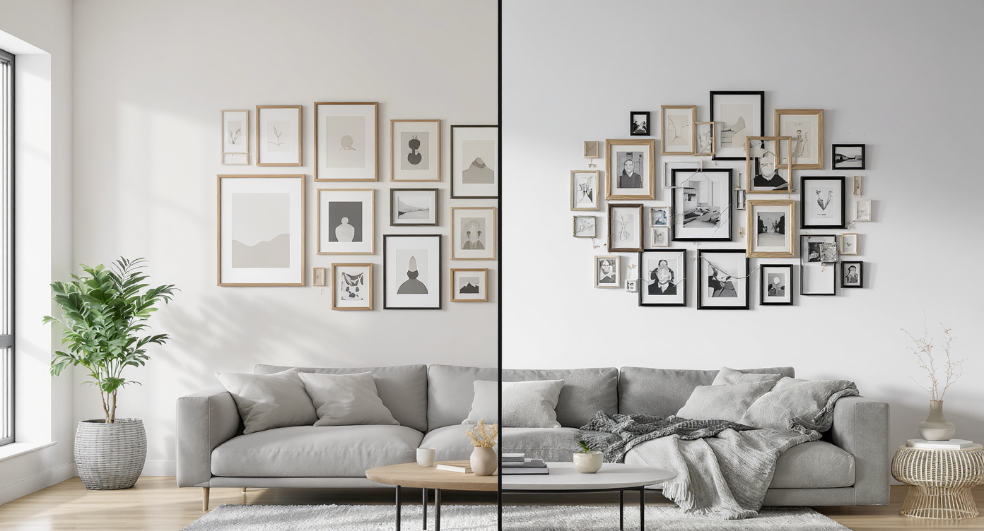 A photorealistic living room shows two gallery wall arrangements: one expertly balanced and cohesive, the other visually unbalanced and mismatched.