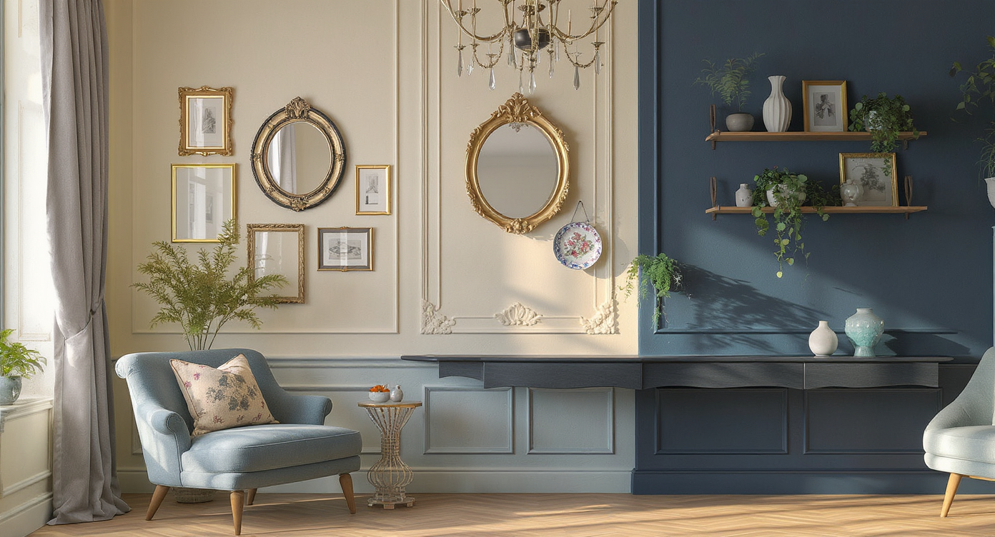 Gallery wall in a Victorian living room with creamy walls, traditional woodwork, rectangular frames, two circular accents, and a modern loft wall with black frames and a floating shelf holding a plant and ceramic piece.