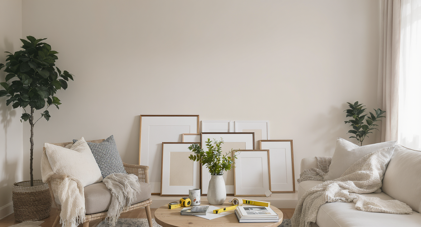 A styled living room with blank wall, various art pieces on the floor, frame cutouts, and tools, ready for a gallery wall arrangement.