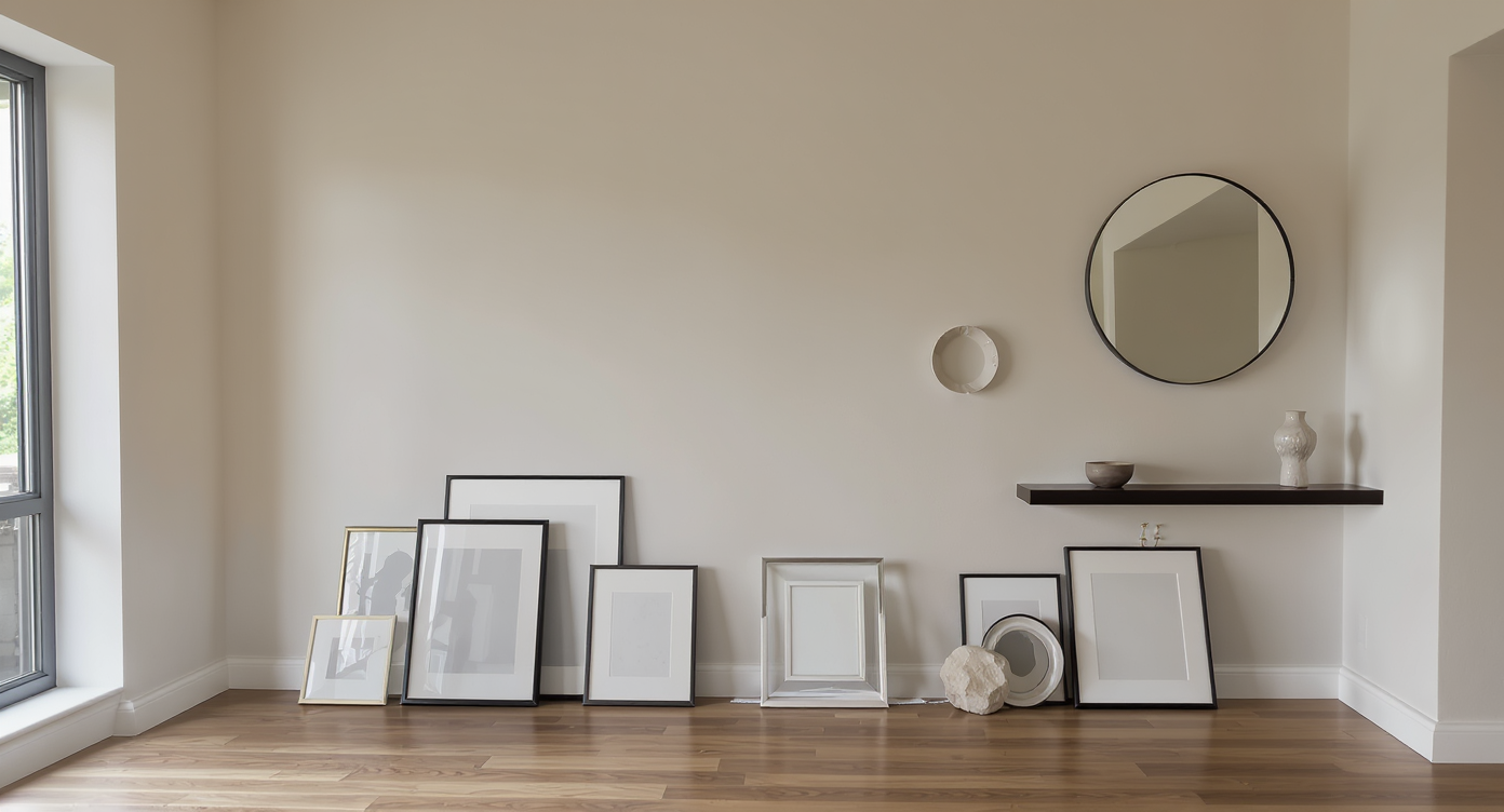 Gallery wall elements—frames, mirrors, and sculptural objects—arranged on the floor in front of a living room wall, showcasing balanced composition and variety.