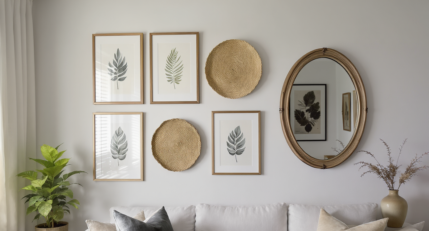 Gallery wall arrangement in progress, featuring botanical prints, a woven basket, oval mirror, vintage plate, placeholders, and cohesive natural hues.