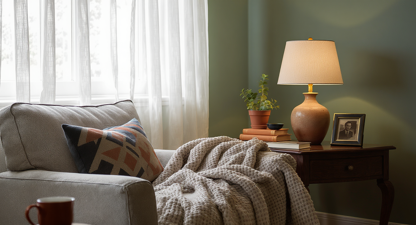 A cozy living room corner with a reupholstered armchair, vintage lamp using a daylight bulb, accent wall, updated curtains, and personal touches.
