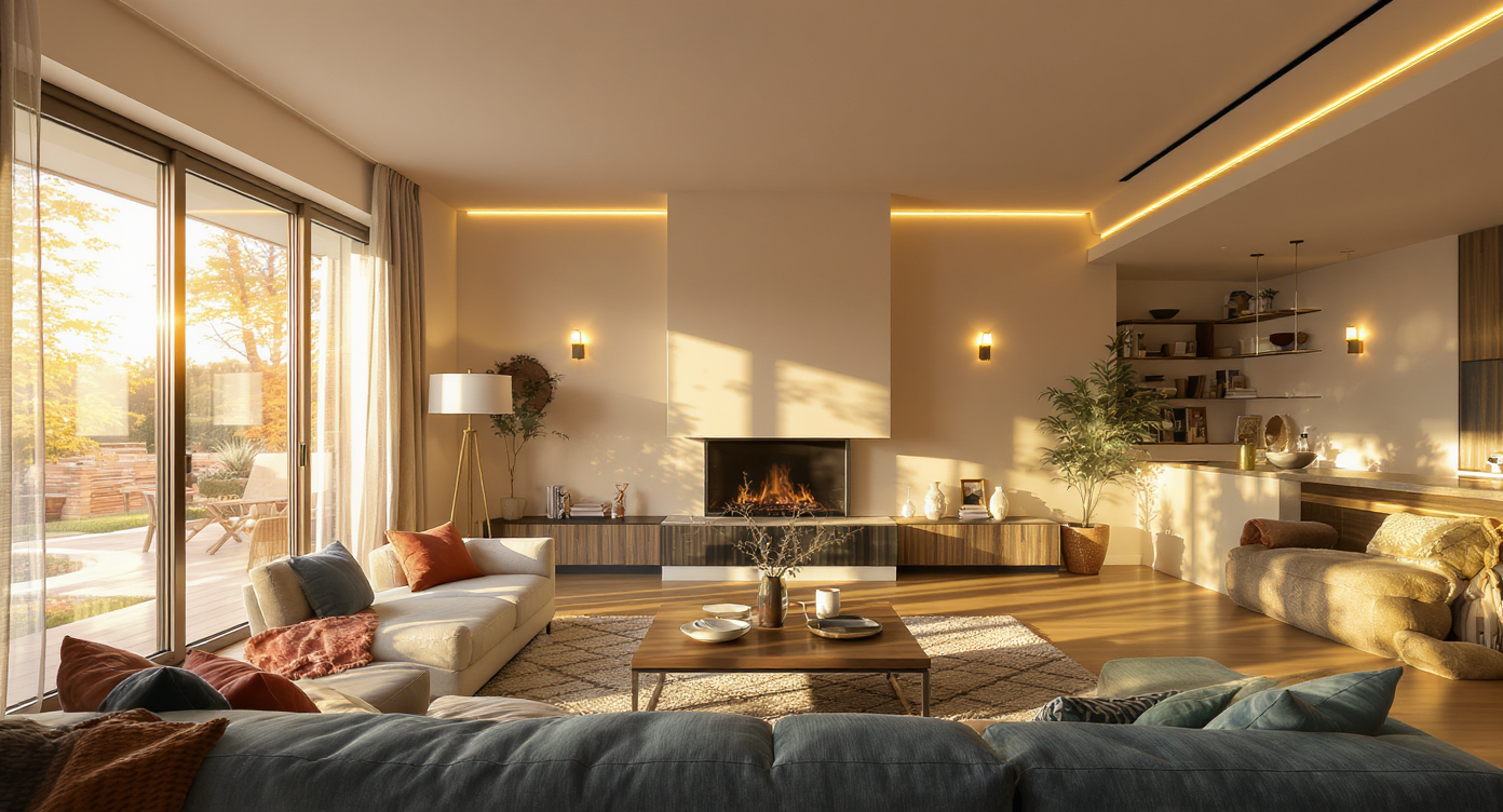 A sunlit modern living room with layered lighting—floor lamp, sconces, daylight LEDs—featuring a smart, open layout and activated cozy corners.