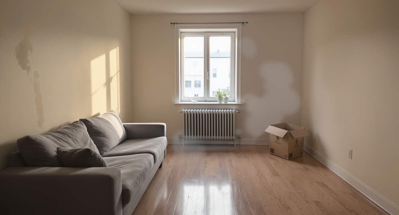A photorealistic renovated living room with uneven paint, scuffed floors, dim lighting, and moving boxes indicating post-renovation reality and adjustment.