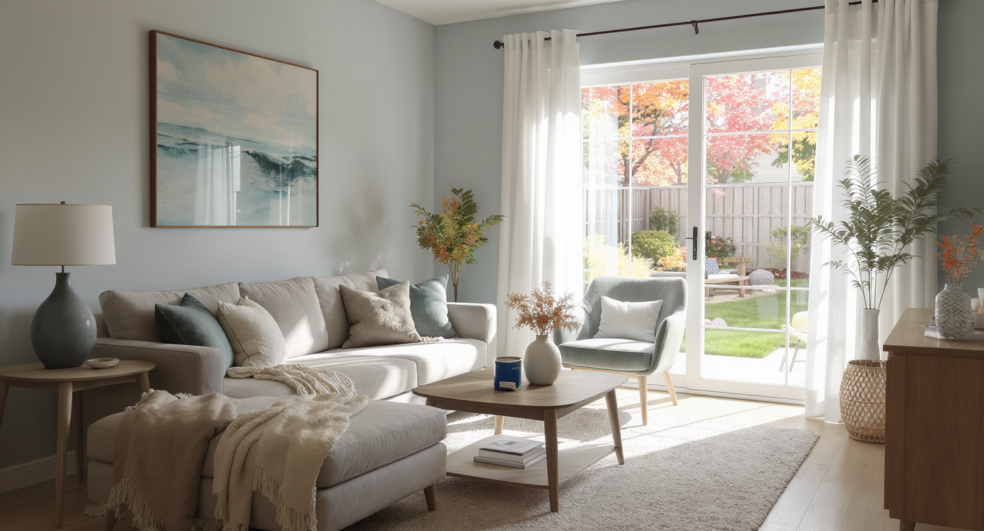 Softly lit living room with sheer curtains, open view to backyard, and a glimpse of a serene blue-painted bathroom. No people present.