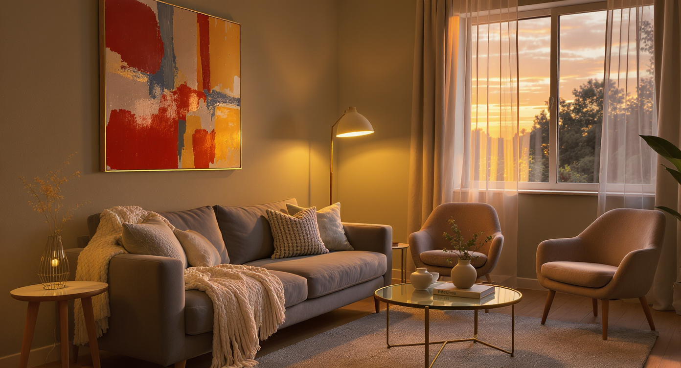 A sunlit living room corner with a glowing floor lamp, textured throw, vibrant wall art, and reoriented chairs bathed in natural light.