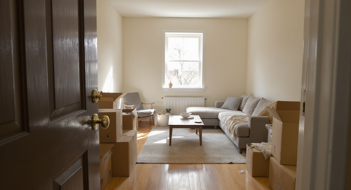 A photorealistic entry view of a just-renovated living room with moving boxes, neutral walls, sparse new furniture, and subdued natural light.
