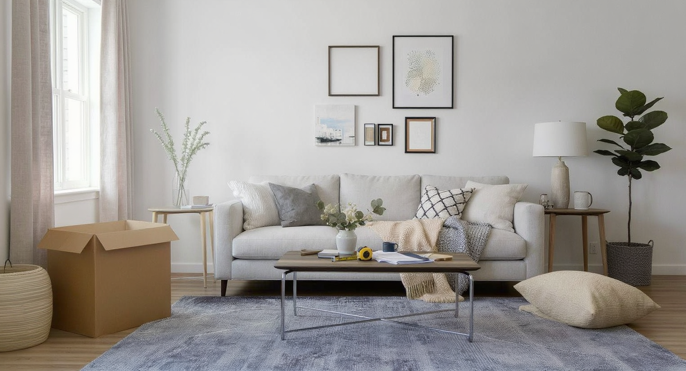 A modern, freshly renovated living room with unpacked boxes, renovation tools, and unfinished decor, evoking post-renovation uncertainty.