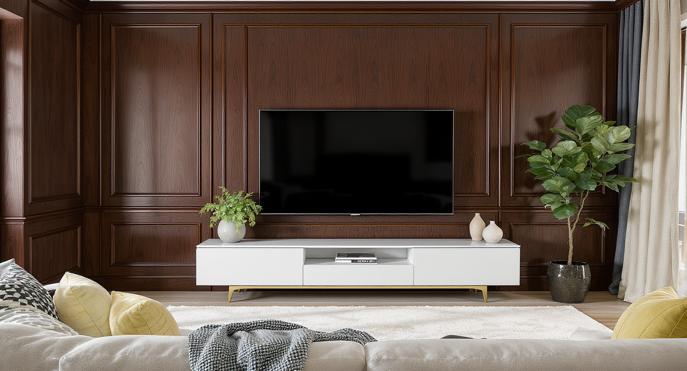 Living room with dark wood paneling, a TV on a contrasting light console, greenery, colorful textiles, and a light area rug for balance.