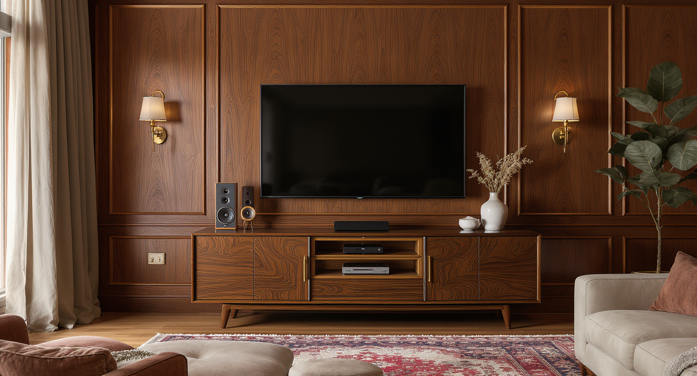 A photorealistic living room combines wood paneling, vintage furniture, and seamlessly integrated modern tech like a flat-screen TV and speakers.