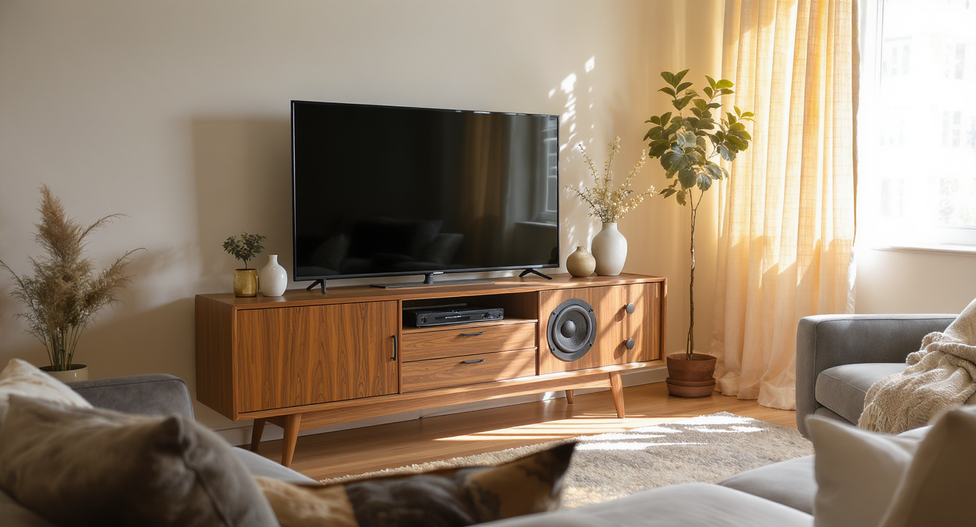 A modern flat-screen television fitted inside a vintage TV shell and a classic radio cabinet updated for modern audio equipment in a midcentury living room.