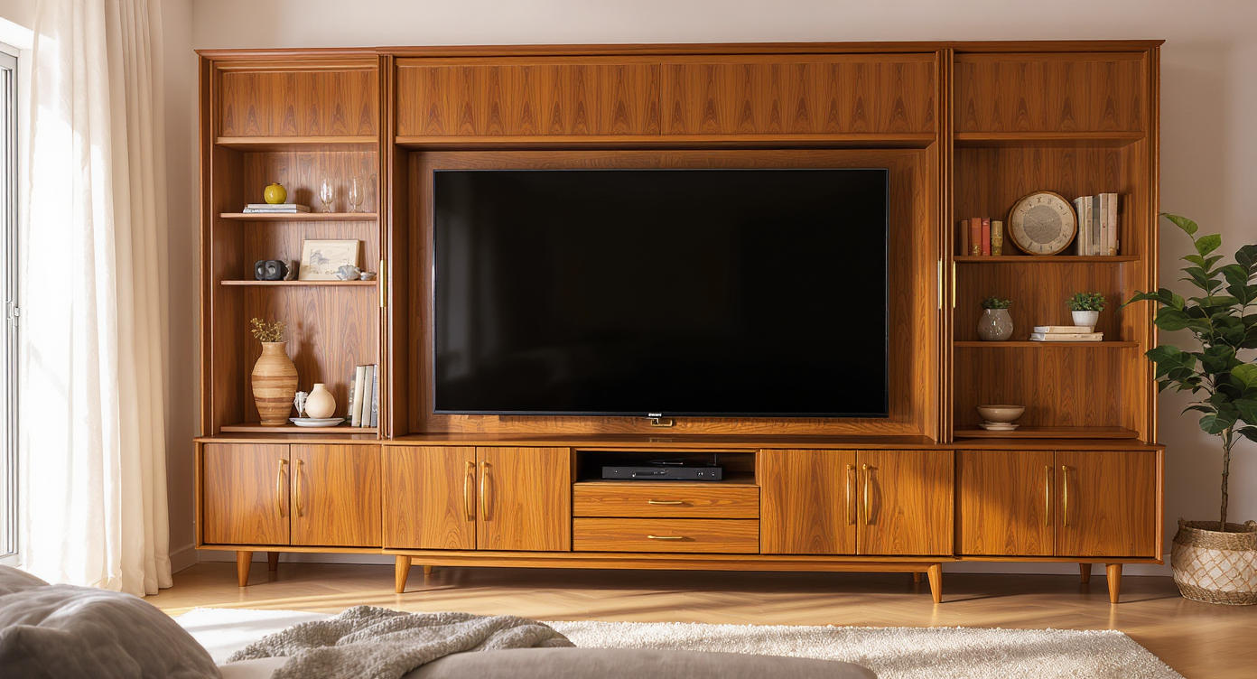 Custom mid-century media cabinet with bi-fold doors conceals a TV and speakers, blending seamlessly with classic wood-paneled living room design.