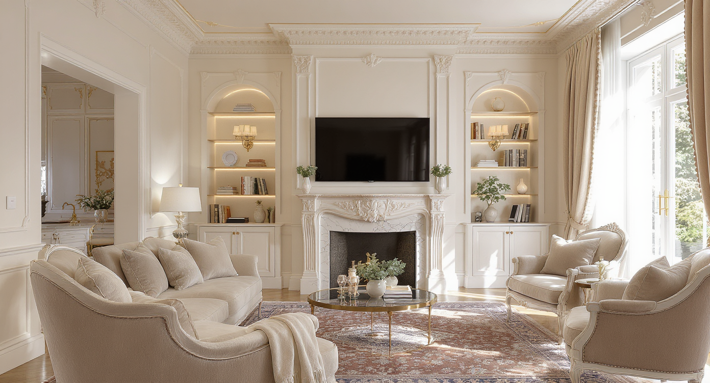 Sunlit living room blending classic style with modern technology: antique furniture, marble fireplace, discreet smart devices, and sleek lighting.