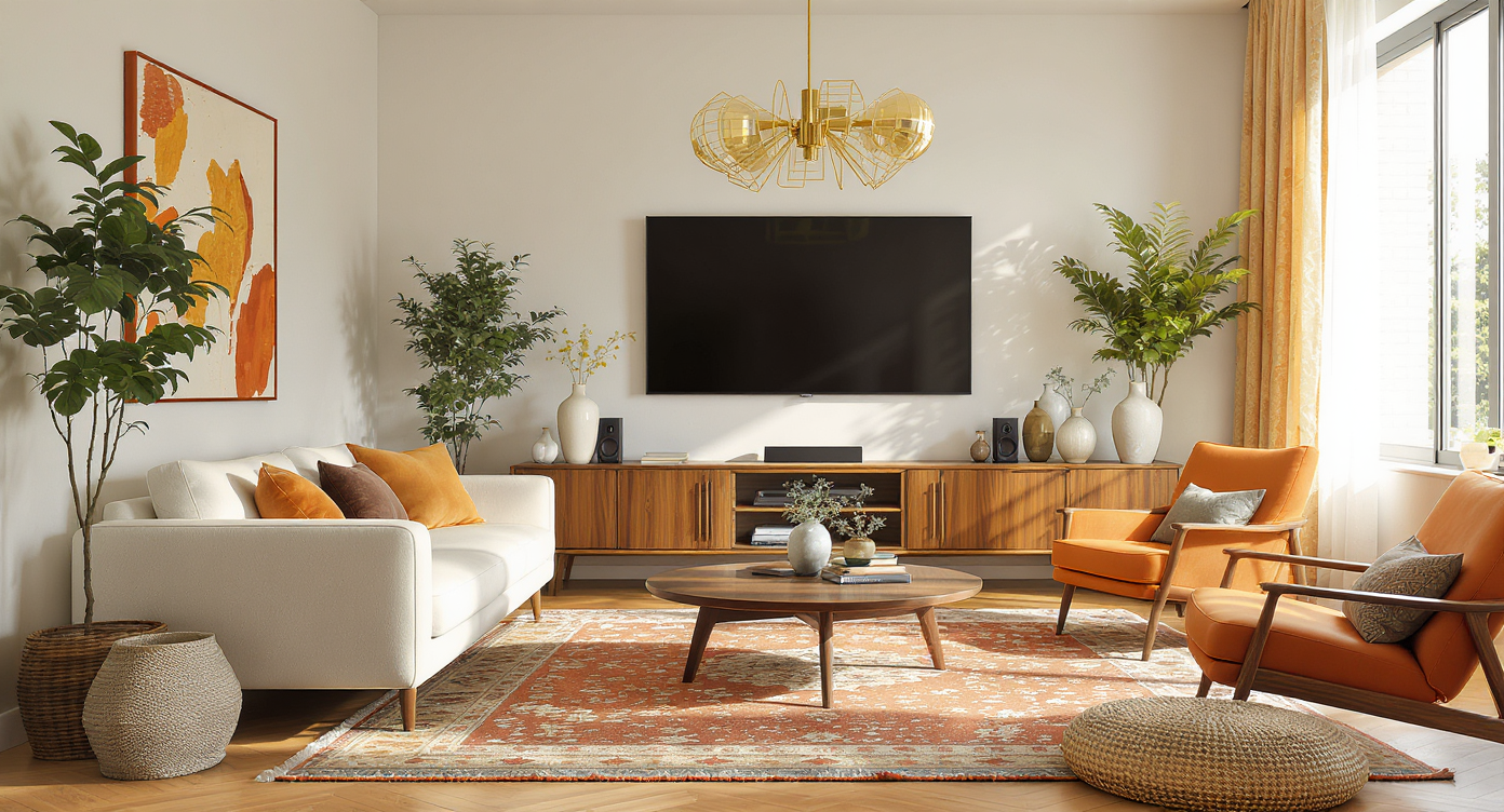 Photorealistic living room combining mid-century modern and bohemian styles, with sculptural lighting, curved wood furniture, and discreet tech.