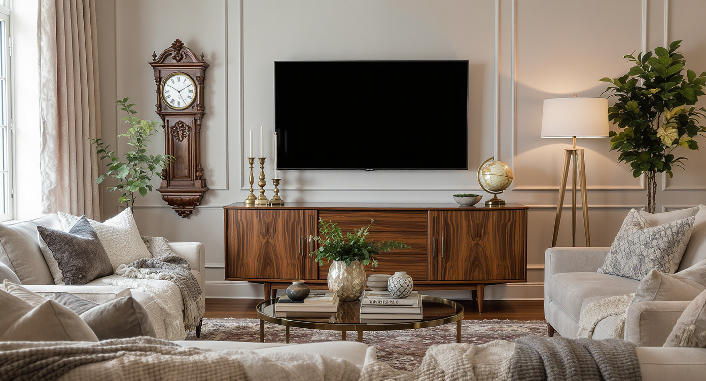A modern TV sits above a vintage credenza, surrounded by antiques and plush seating, blending classic and contemporary living room design.