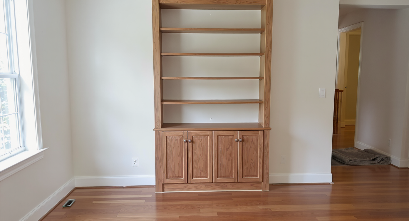 Built-in bookcase seamlessly installed on hardwood flooring in a living room, with signs of recent transition from carpeted floors.