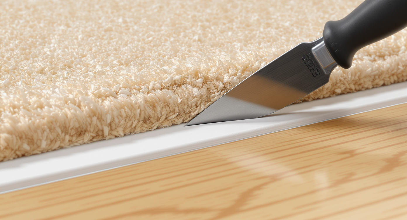A carpet knife trims tightly along the base of a new built-in bookcase, shaping carpet for a clean, precise edge over tack strip and pad.