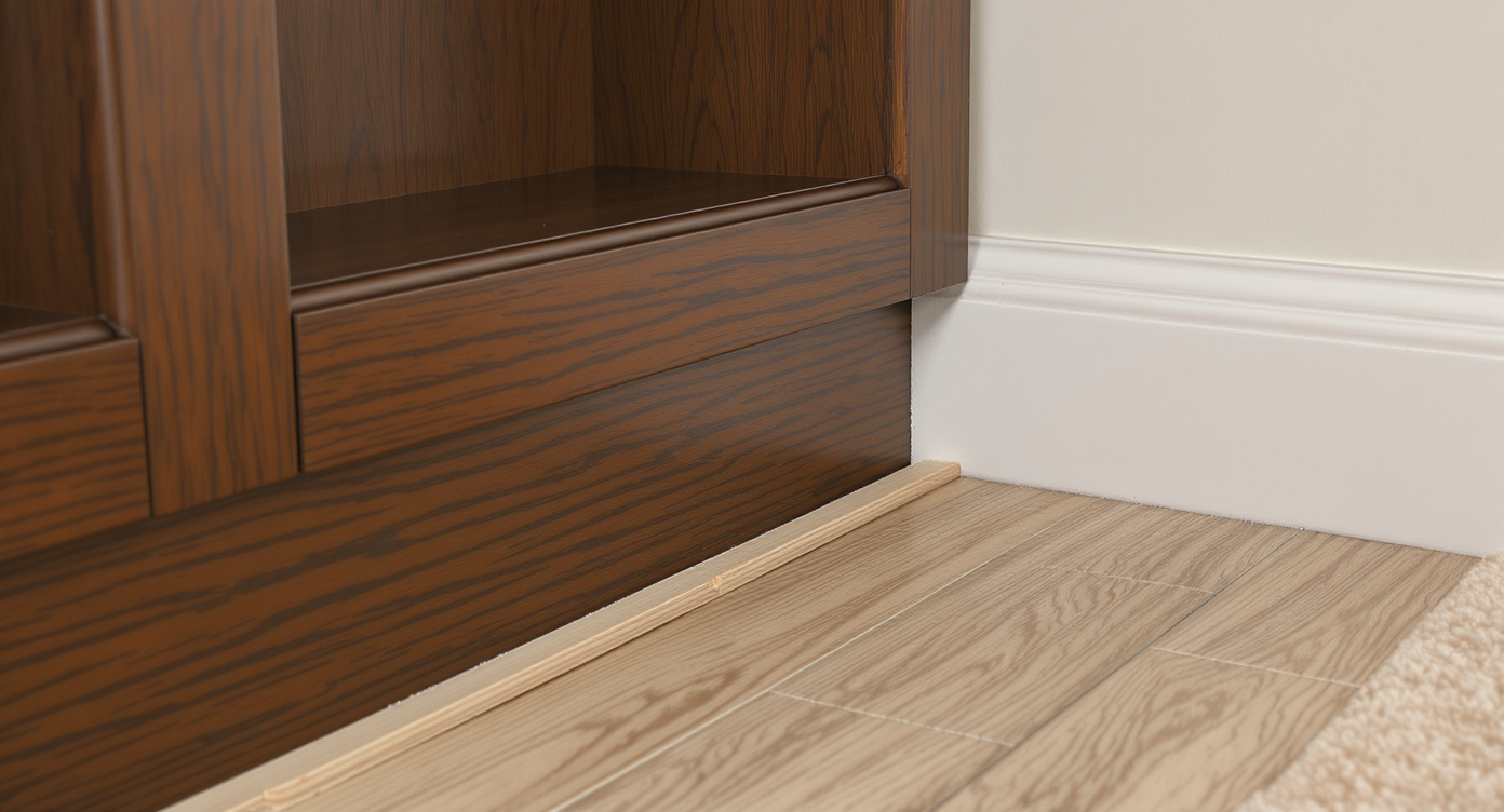 Built-in bookcase installed on subfloor with carpet pulled back and tack strips being set precisely along the bookcase’s edge for secure carpet fit.