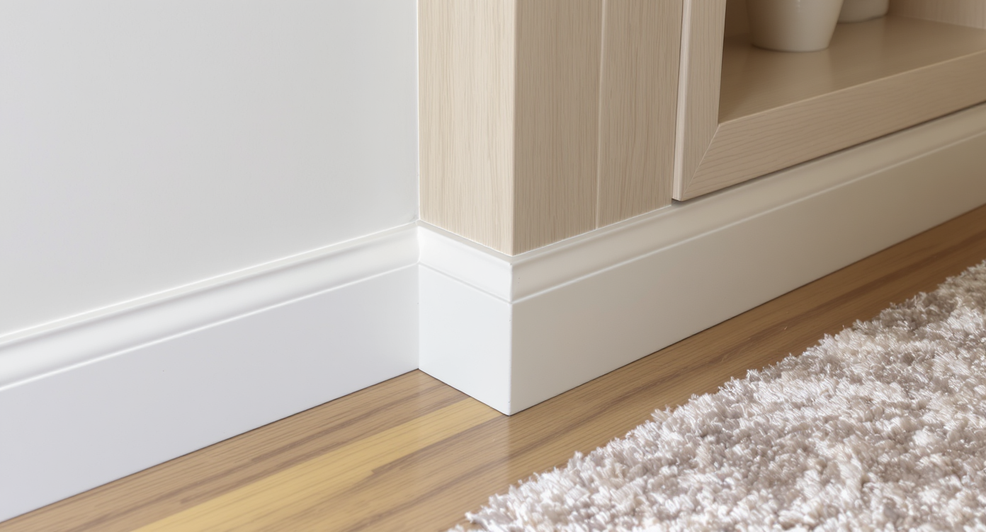 A close-up view showing a white baseboard scribed and fitted seamlessly where a built-in bookcase and carpeted floor meet, highlighting clean trim transitions.
